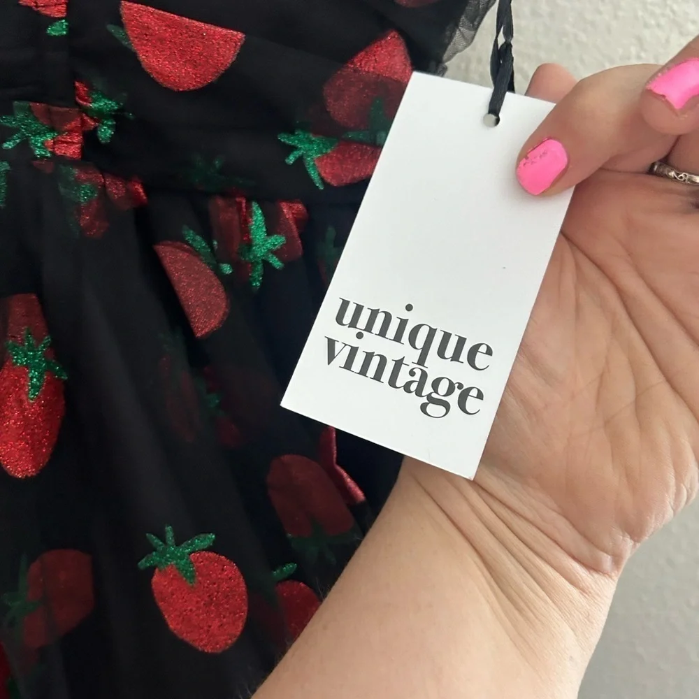 NWT Unique Vintage Black Strawberry Dress Large 10/12 strawberry novelty dress - Picture 6 of 13